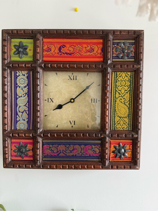 Other - Vintage Hand Carved Wooden clock with silk inlay